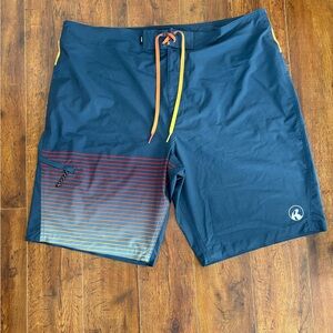 Men's Ripzone Navy Blue Gradient Stripe Swim Trunks with Yellow Drawcord